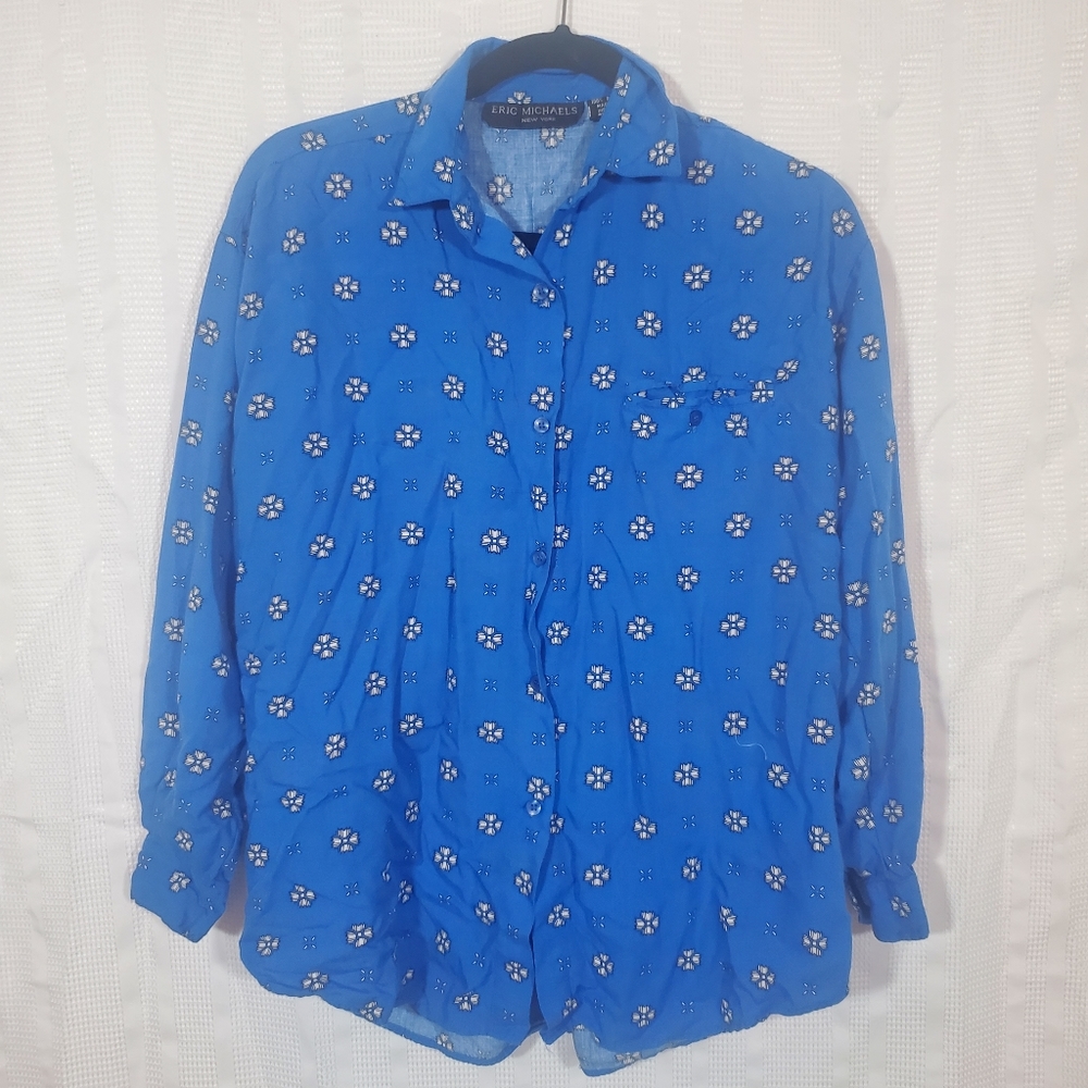 VINTAGE ERIC MICHAEL Collared Button-Down Long Sleeve Shirt Blue Size Medium